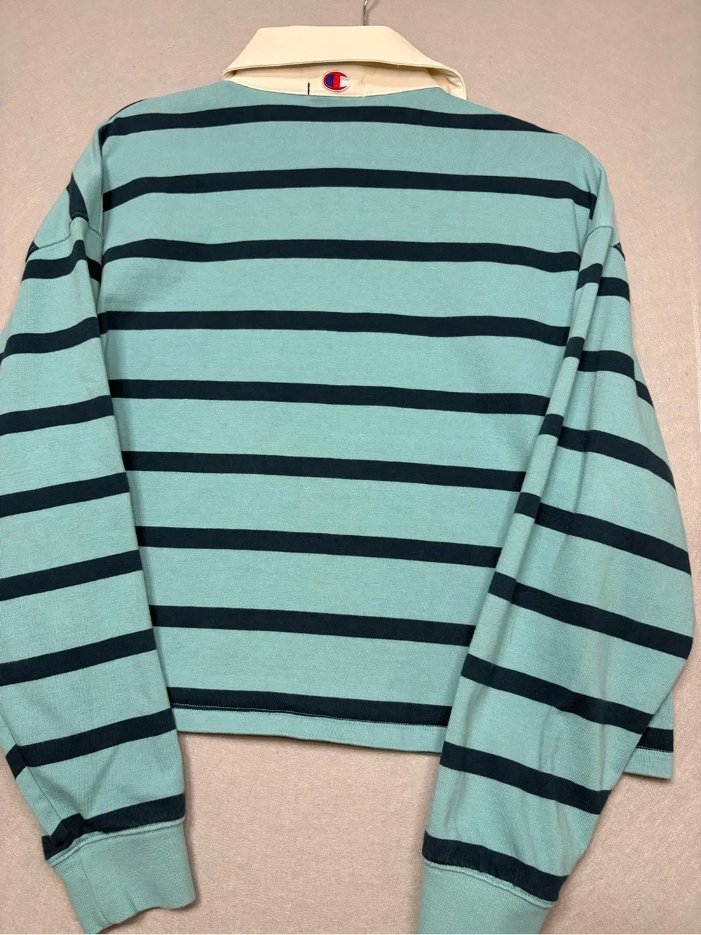 Champion Cropped Striped Rugby Top in Teal & Navy 100% cotton sz XL